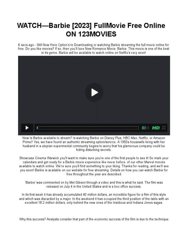 Watch Barbie (2023) Fullmovie Free Online On 123movies PDF Hulu
