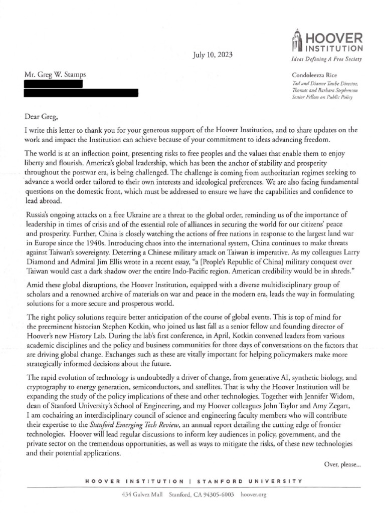 Letter From Condoleezza Rice 07.10.2023 | PDF | Hoover Institution ...