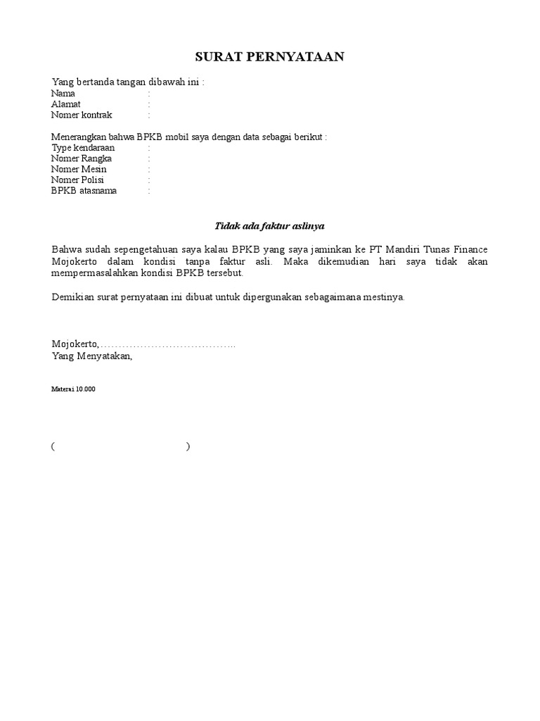 Surat pernyataan tidak ada faktur pdf