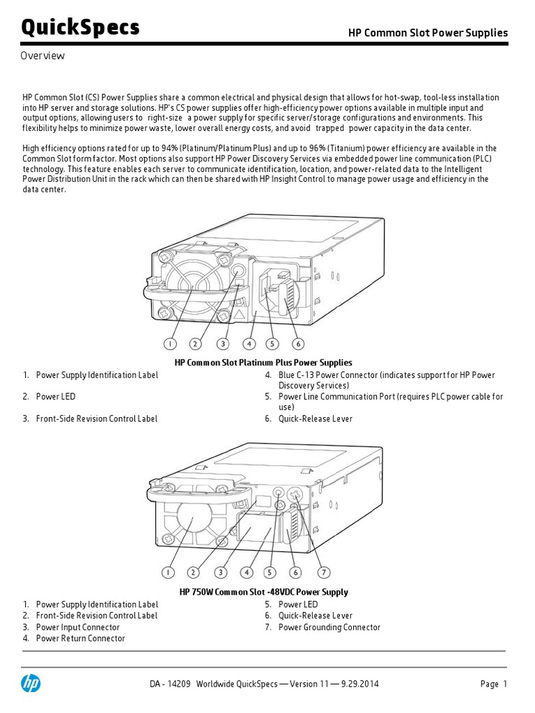 HP Proliant Power Supply Datasheet c04123167 PDF
