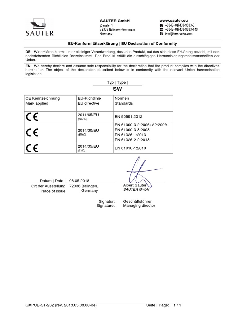 Sauter SW Sound Level Meter Declaration of Conformity | PDF