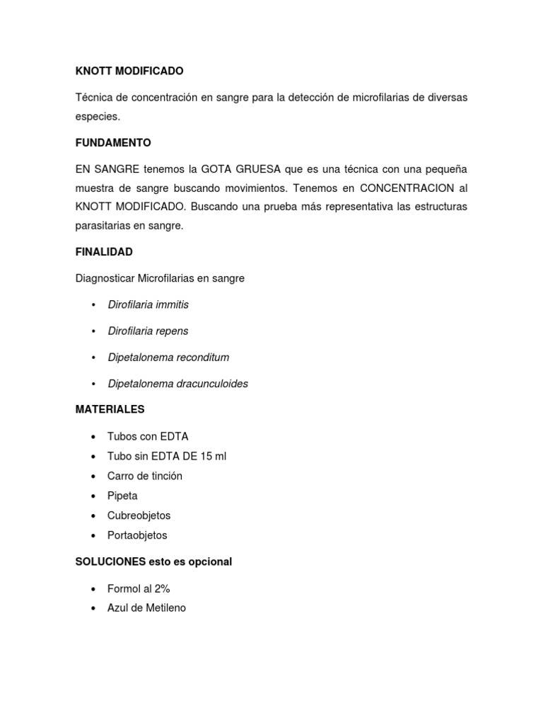 Prueba de Knott Modificada para Microfilarias | PDF