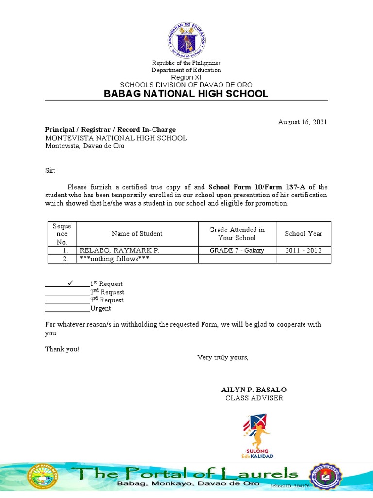 Request for Student Records Form | PDF