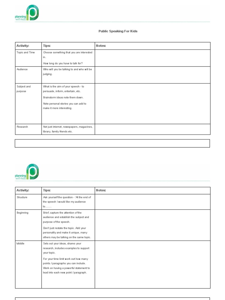 Public Speaking Guide For Kids Table | PDF | Career & Growth