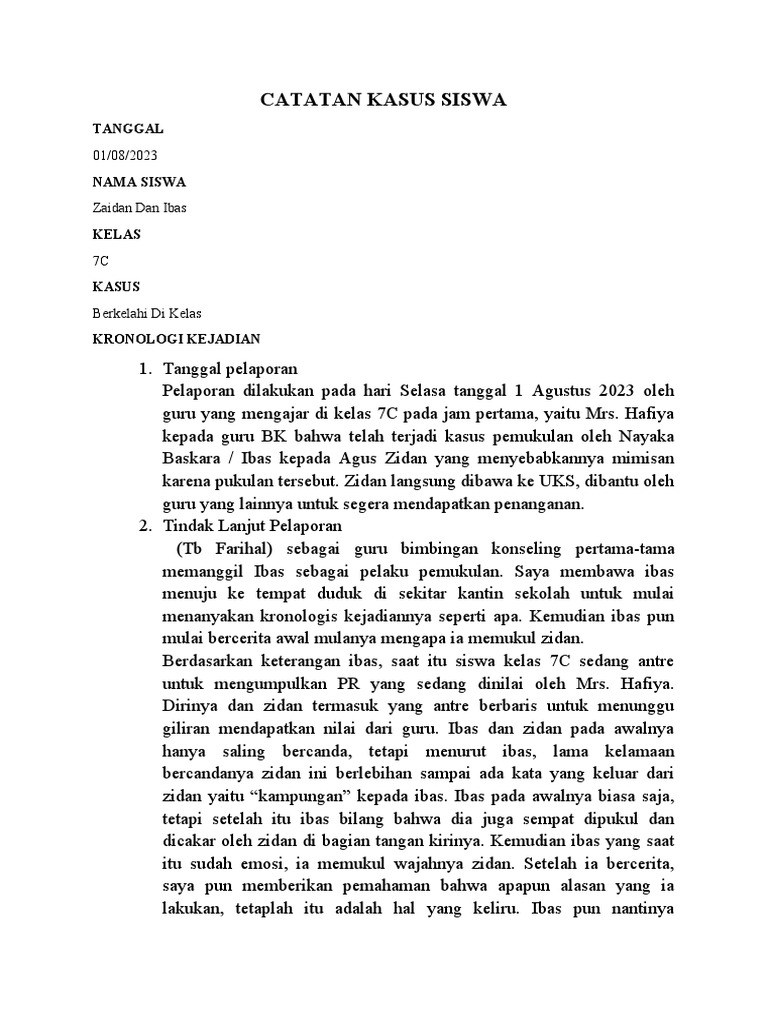 Catatan Kasus Siswa Kelas 7C | PDF