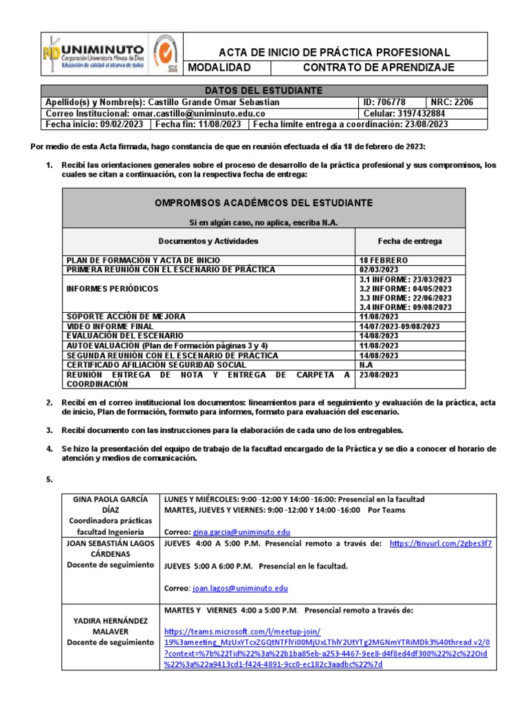 ACTA DE INICIO DE PRÁCTICA Omar Castillo | PDF