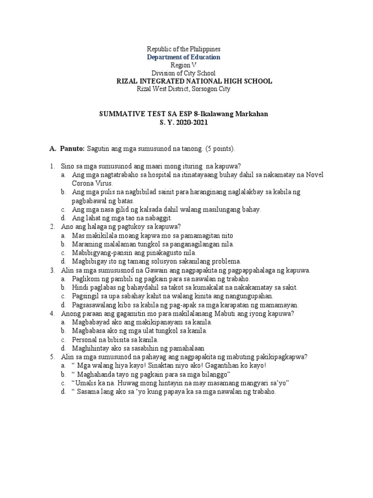Summative Test Sa Esp 8 - 2nd Grading-2!17!21 | PDF