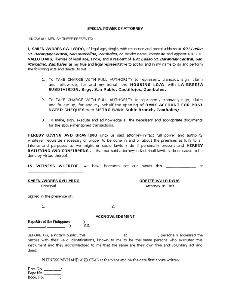 SPA for Housing Loan Authorization | PDF | Power Of Attorney | Civil ...