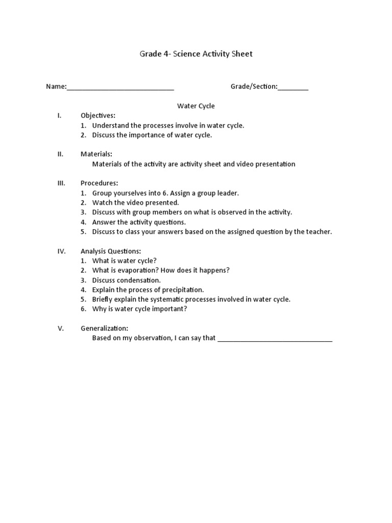 Grade 4 Water Cycle Activity Sheet PDF