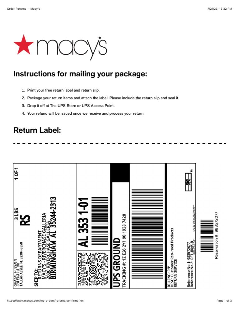 Order Returns Macy's PDF