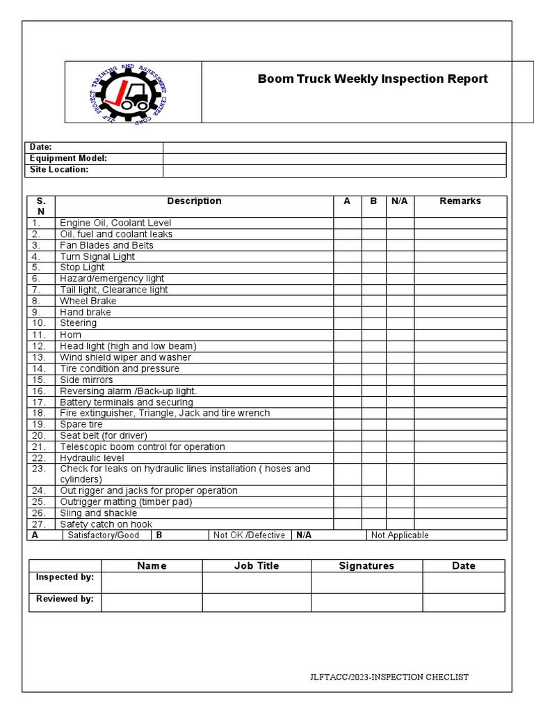 Weekly Boom Truck Inspection Report | PDF | Technology & Engineering