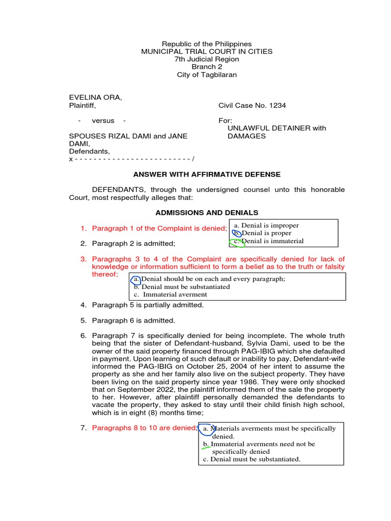 Ejectment Answer PDF Complaint Eviction