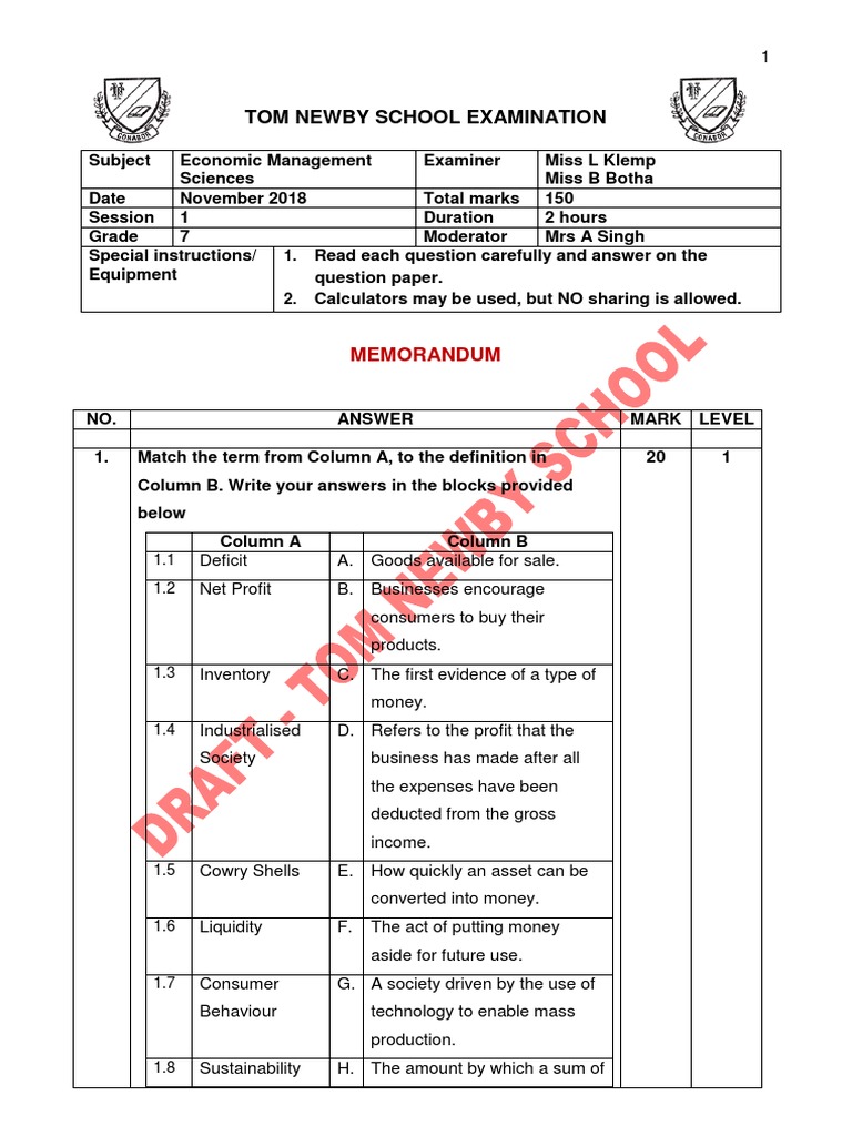 Grade 7 EMS Exam Memo November 2018 Watermark | PDF