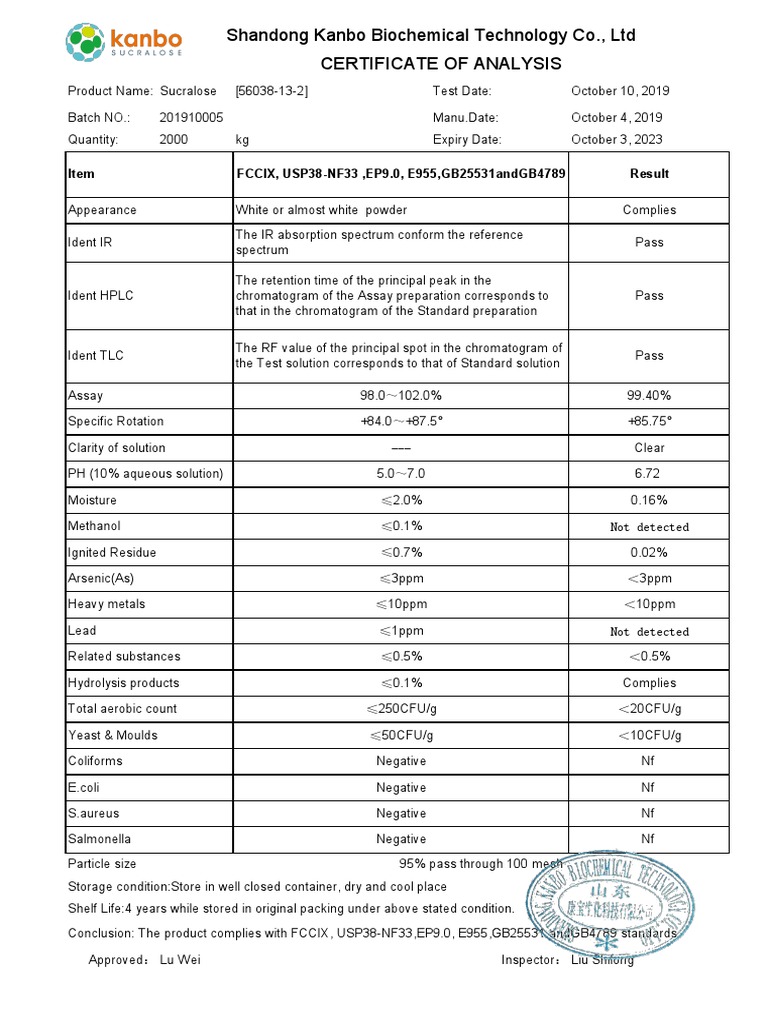 Kanbo Sucralose Certificate of Analysis | PDF | Chromatography | Materials