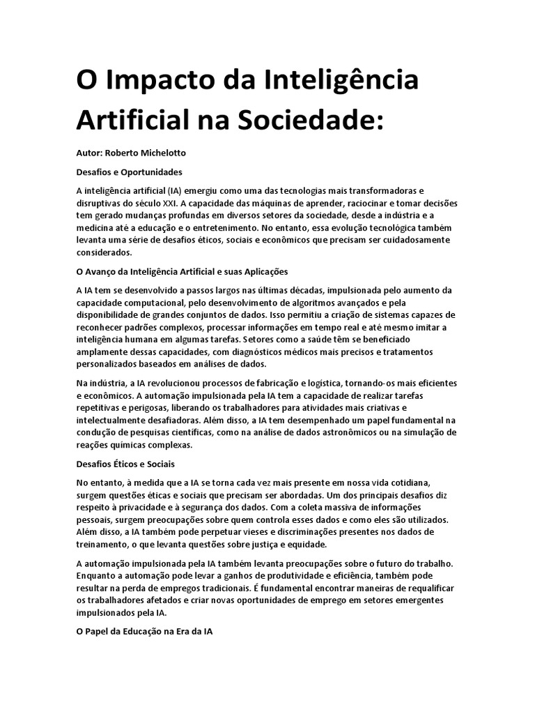 Impactos da Inteligência Artificial na Sociedade | PDF | Inteligência ...