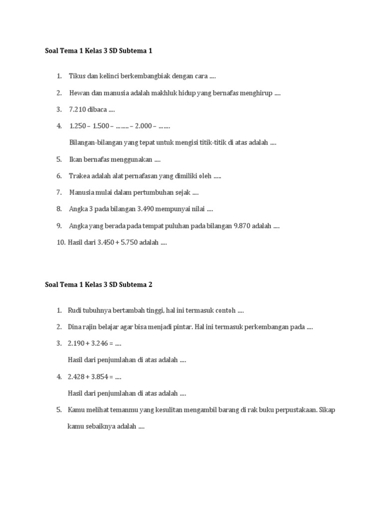 Bak soal tema 1 kelas 3 sd