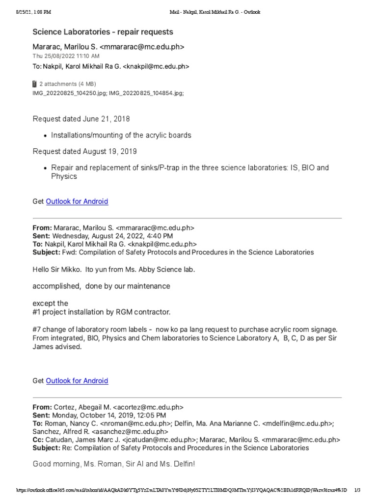 Science Lab Repair Email Correspondence Mail Outlook PDF