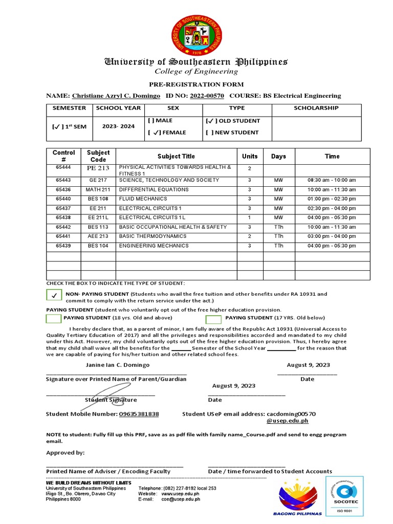 USeP Engineering Pre-Registration Form | PDF
