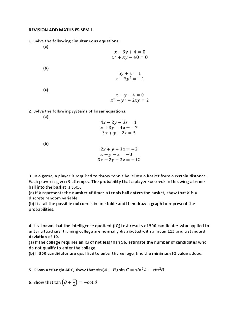 Maths Revision for F5 Semester 1 | PDF