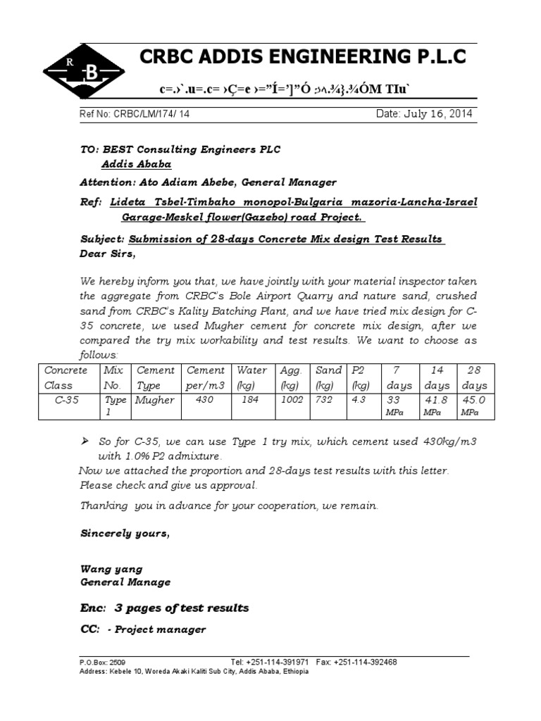 Submission of 28-Days Concrete Mix Design Test Results | PDF