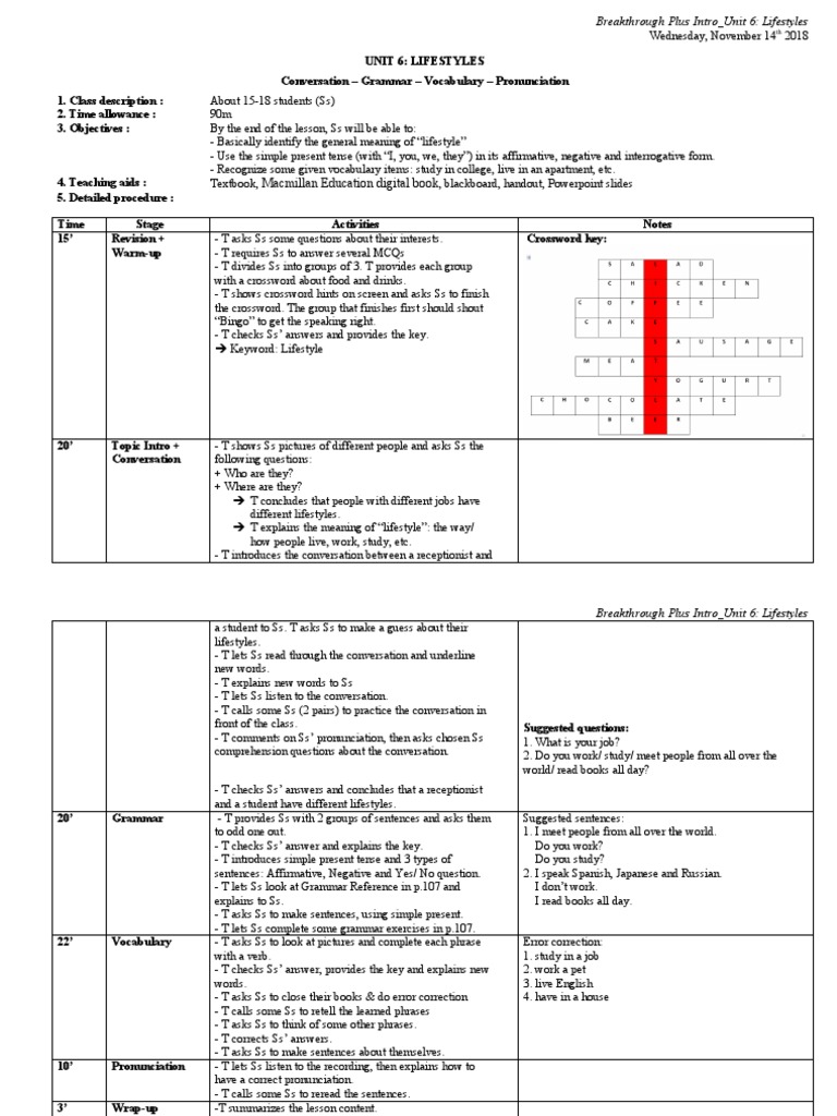 Unit 6: Lifestyles Lesson Plan | PDF | Career & Growth | Language Arts ...