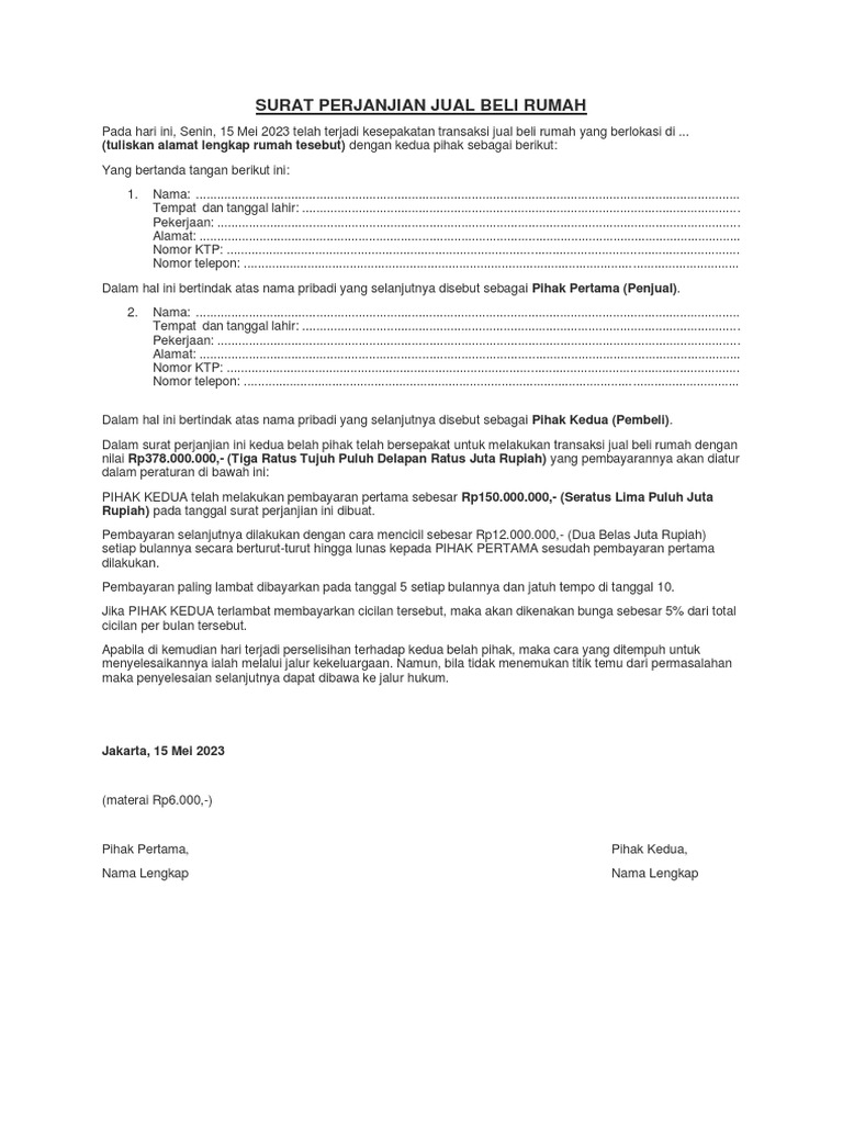 Surat Perjanjian Jual Beli Rumah | PDF