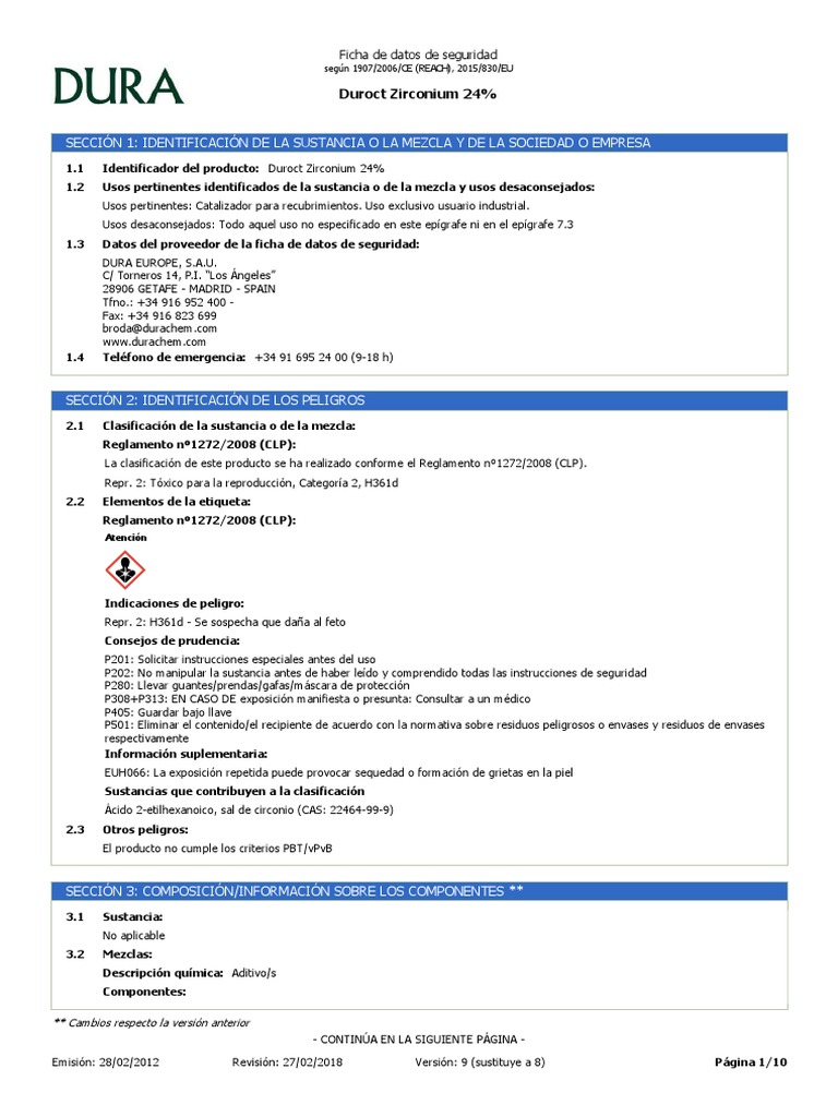 Zirconium 24 MSDS Español PDF