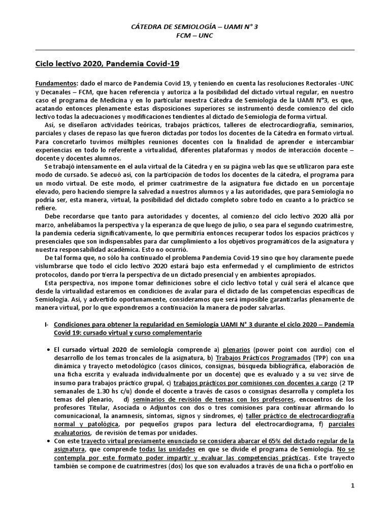 X UNC FCM Medicina UAMI N°3 CONDICIONES DE CURSADO SEMIOLOGIA PANDEMIA ...