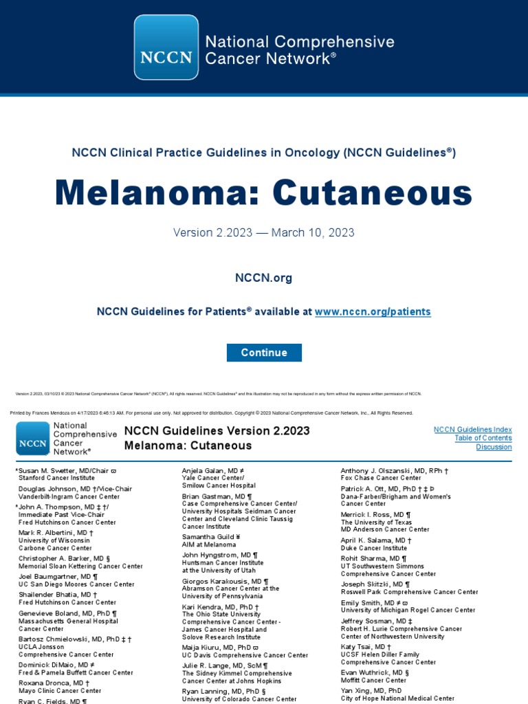 NATIONAL COMPREHENSIVE CANCER NETWORK NCCN GUIDELINES MELANOMA intelligence overview