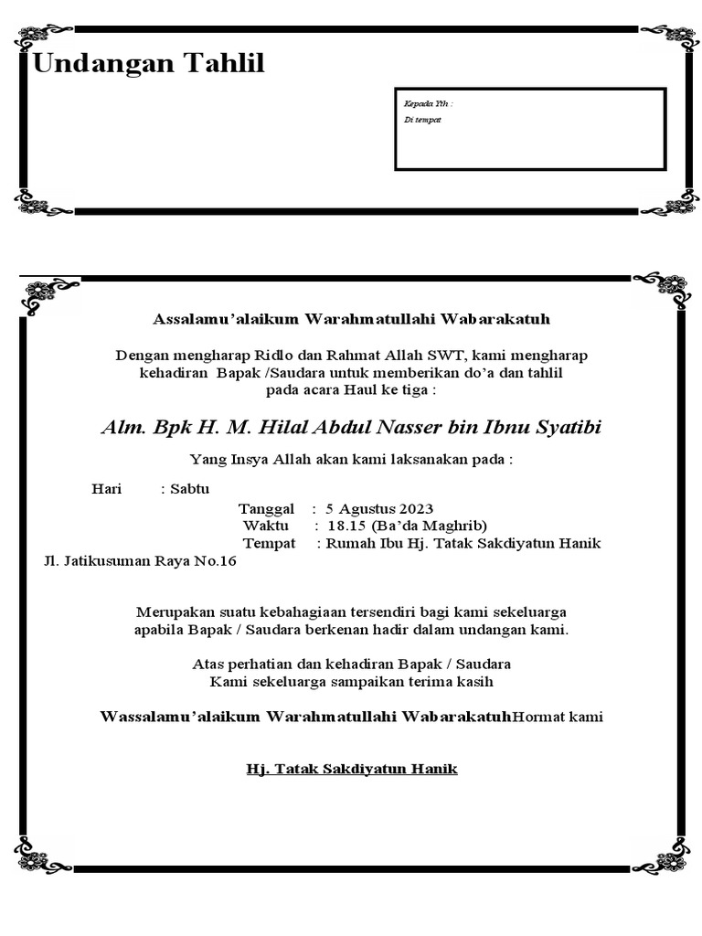 Undangan Tahlil Haul Ke 3 | PDF