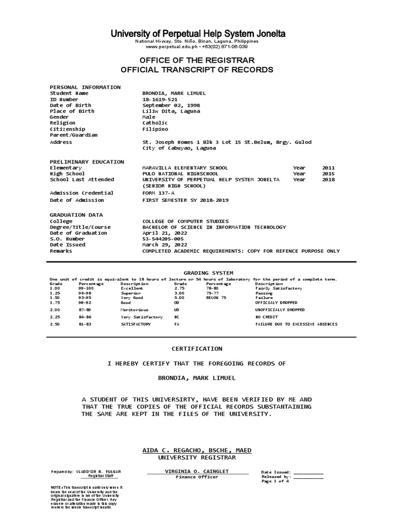 University of Perpetual Help System Jonelta - TOR (TRUE COPY) - Wang | PDF, image size:768x1024