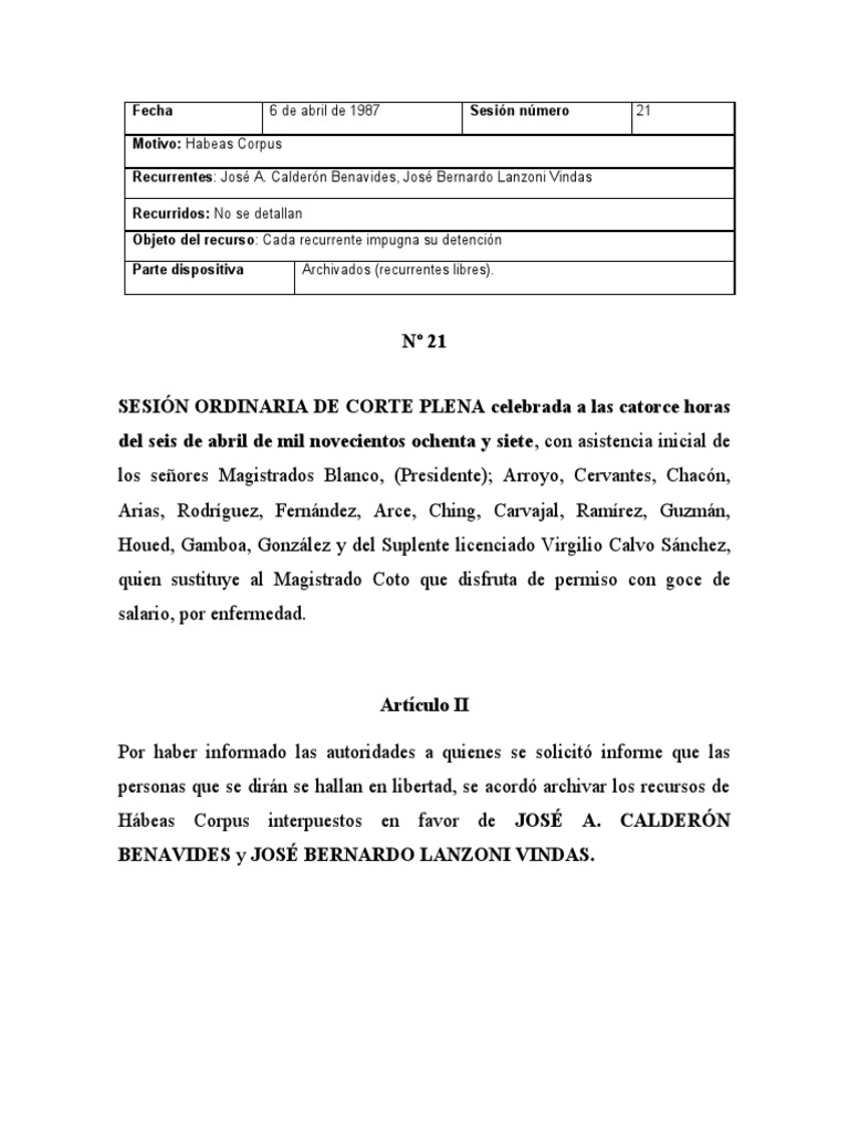 Acta no 21 del 6 de abril de 1987 articulo 2 jose a calderon