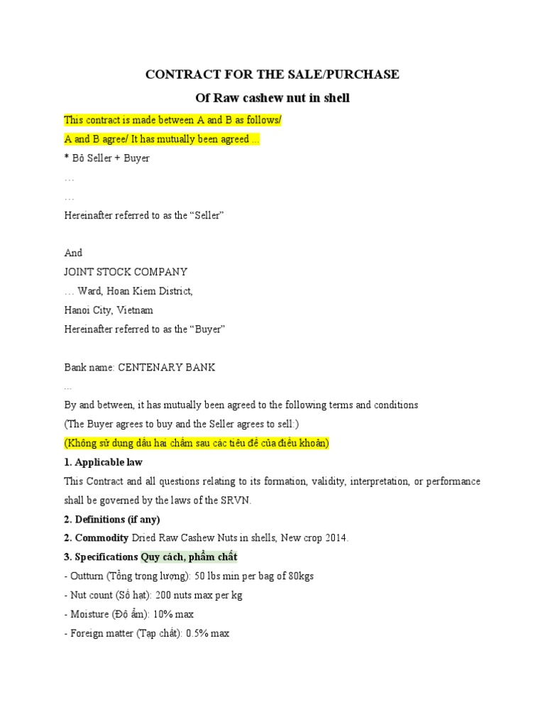Sales Contract of Raw Cashew Nut in Shell | PDF