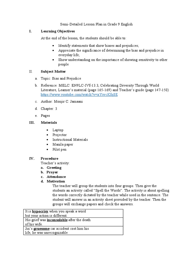 Grade 9 Lesson Plan: Bias and Prejudice | PDF | Bias | Prejudices