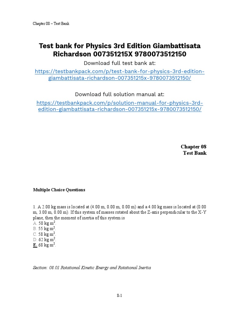 Physics 3rd Edition Giambattisata Test Bank 1 | PDF | Torque | Angular ...
