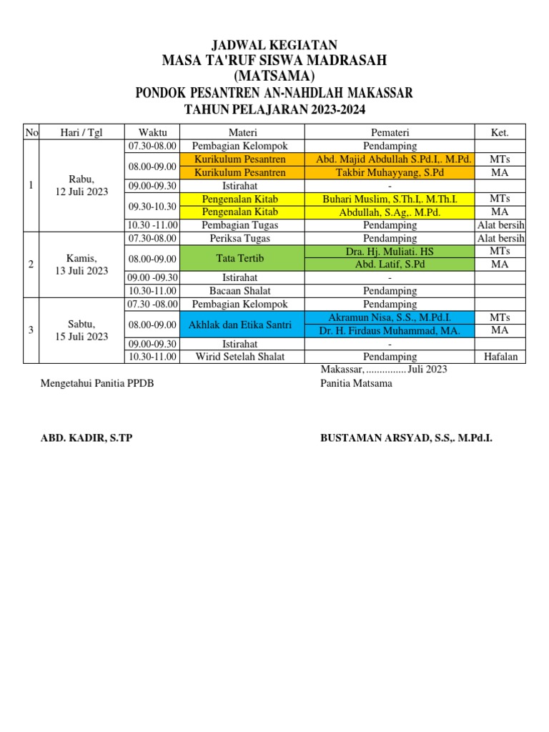 Jadwal Kegiatan Matsama 2023 | PDF