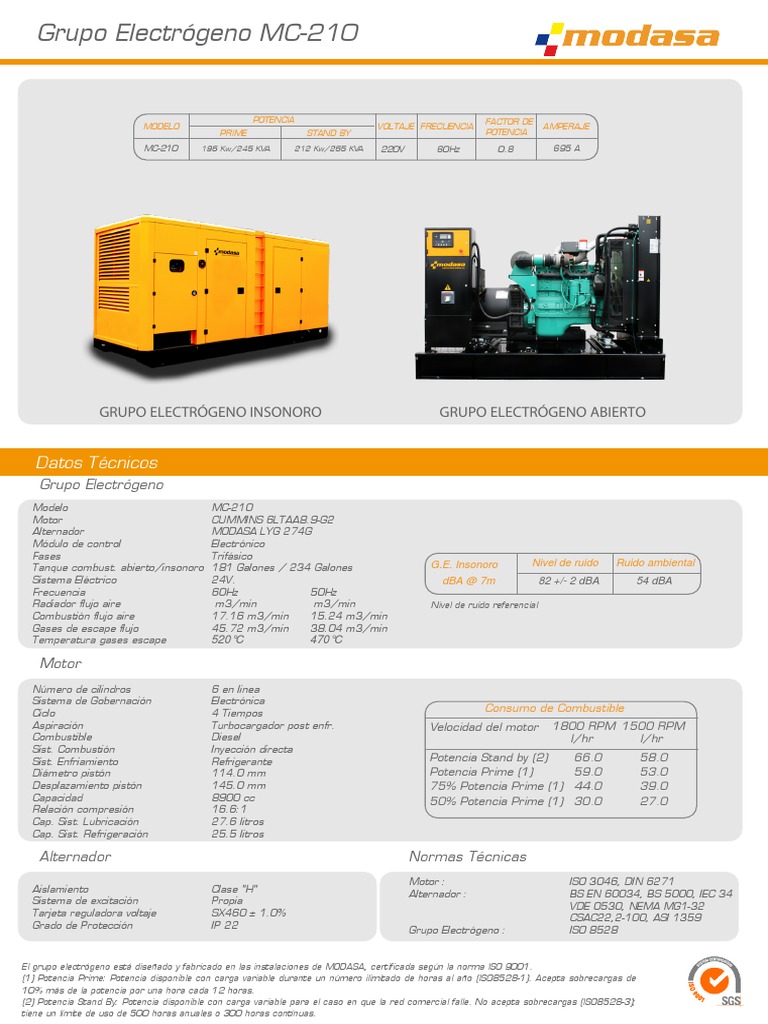 Grupo Electrógeno Insonoro MC-210 245 KVA | PDF | Inyección de ...