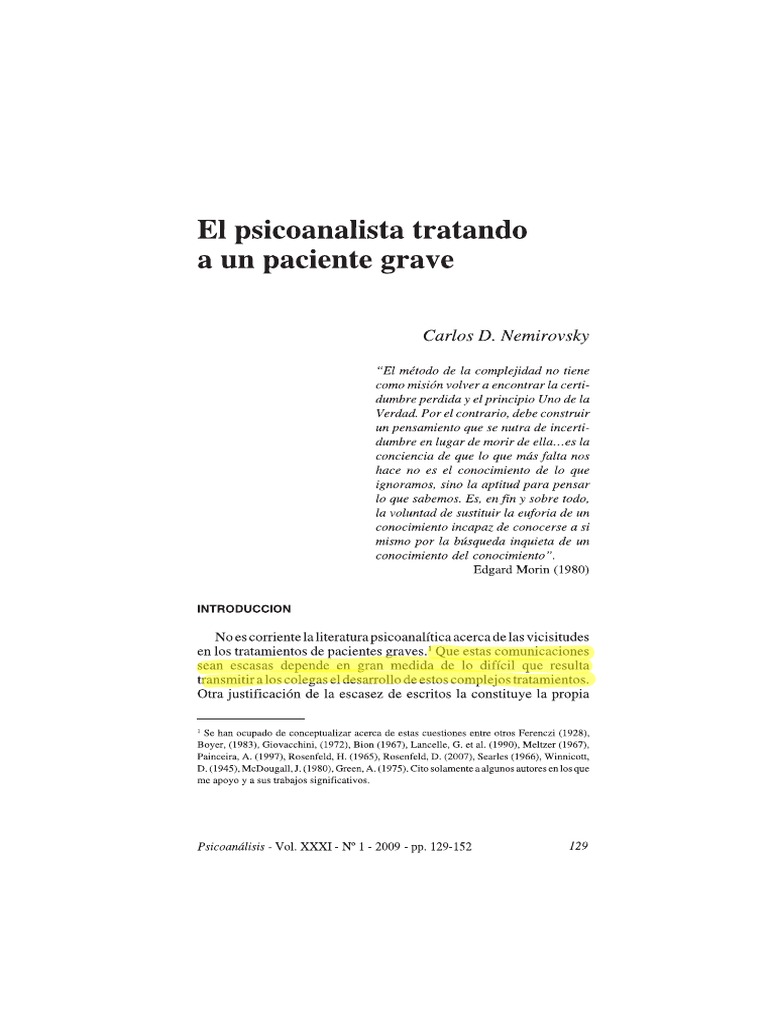 El Psicoanalista Tratando A Un Paciente Grave. | PDF