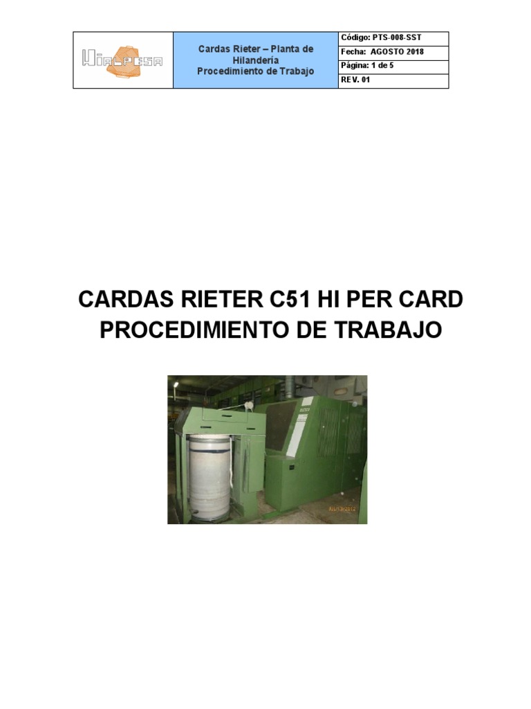 Procedimiento Cardas Rieter en Hilandería | PDF