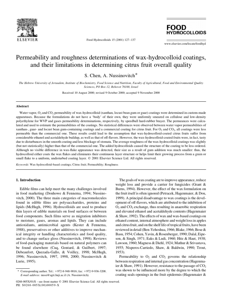 Permeability and Roughness of Wax-Hydrocolloid Coatings | PDF | Gas