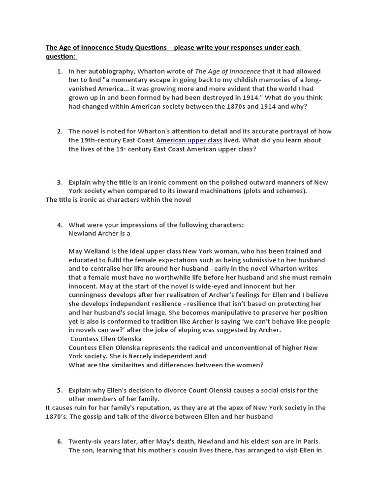 The Age of Innocence Study Questions | PDF