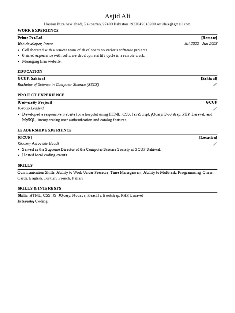 Web Developer Resume with Project Experience | PDF | Business | Computers