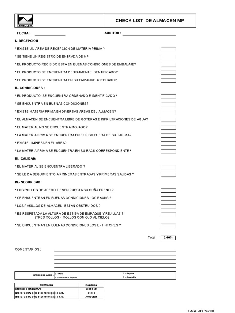 F-MAT-03 Check List de Almacen MP Rev 00 | PDF