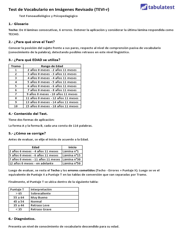 Test de Vocabulario en Imágenes Revisado (TEVI-r) : 1.-Glosario | PDF