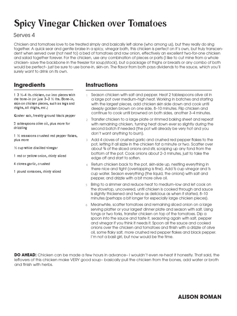 Spicy Vinegar Chicken Over Tomatoes PDF Garlic Sauce