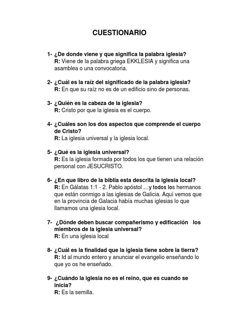Cuestionario sobre la Iglesia y su Misión | PDF | Iglesia cristiana ...