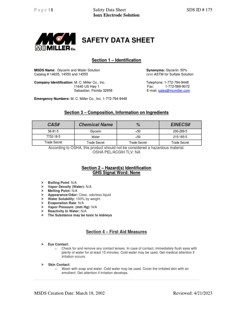 1 Safety Data Sheet SDS ID 175 PDF Science And Law Regulation