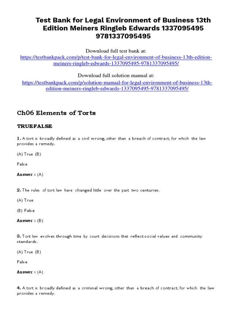 Legal environment of business 13th edition meiners test bank download pdf