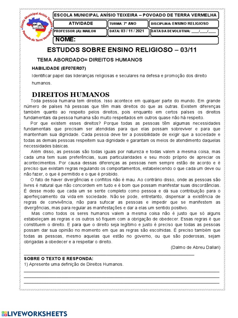 Atividade sobre Direitos Humanos - 7º Ano | PDF | Humano | Direitos Humanos