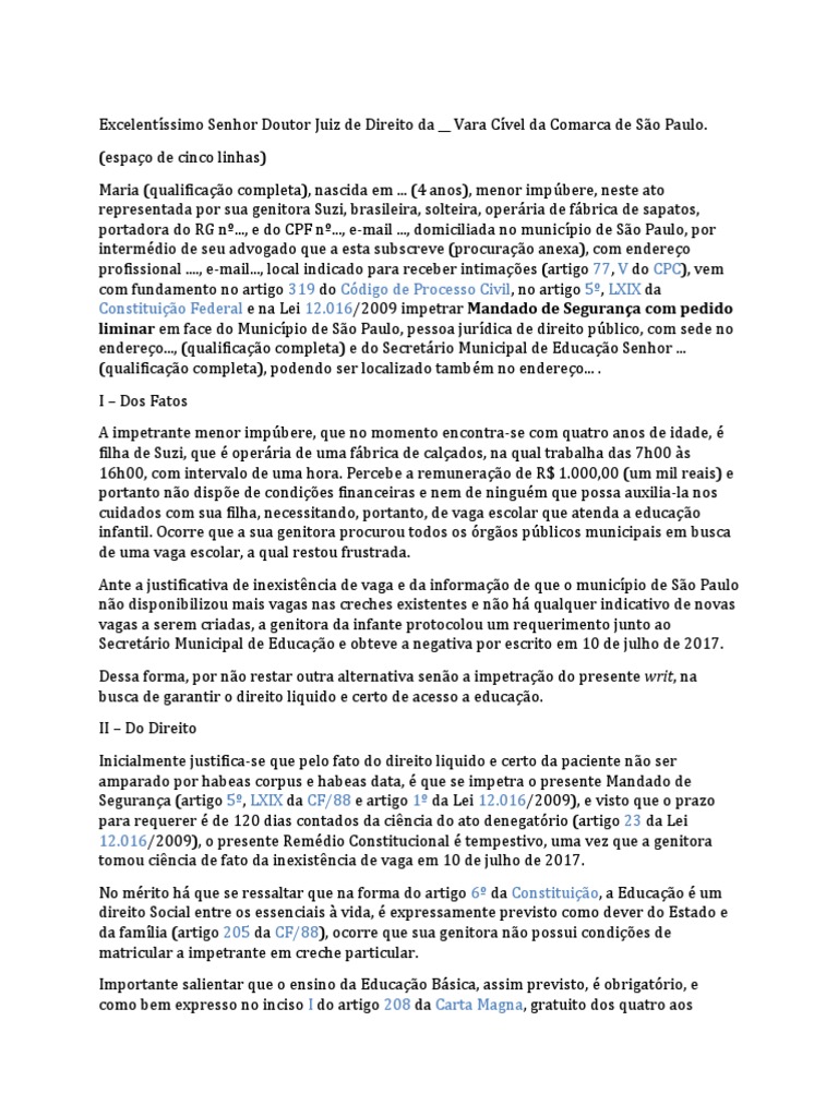Mandado de Segurança: Vaga na Educação Infantil | PDF